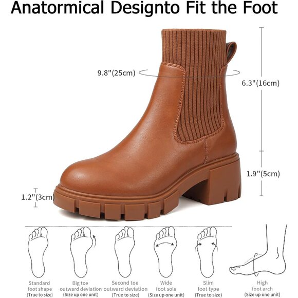 BKWHDAY Women's Brown Chelsea Platform Ankle Boots Fashion Chunky Heel - Picture 5 of 7